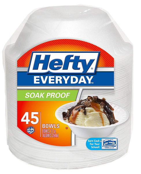 Hefty 00D25045 Everyday Disposable Soak Proof Foam Bowls, 12 Oz, 45-Count