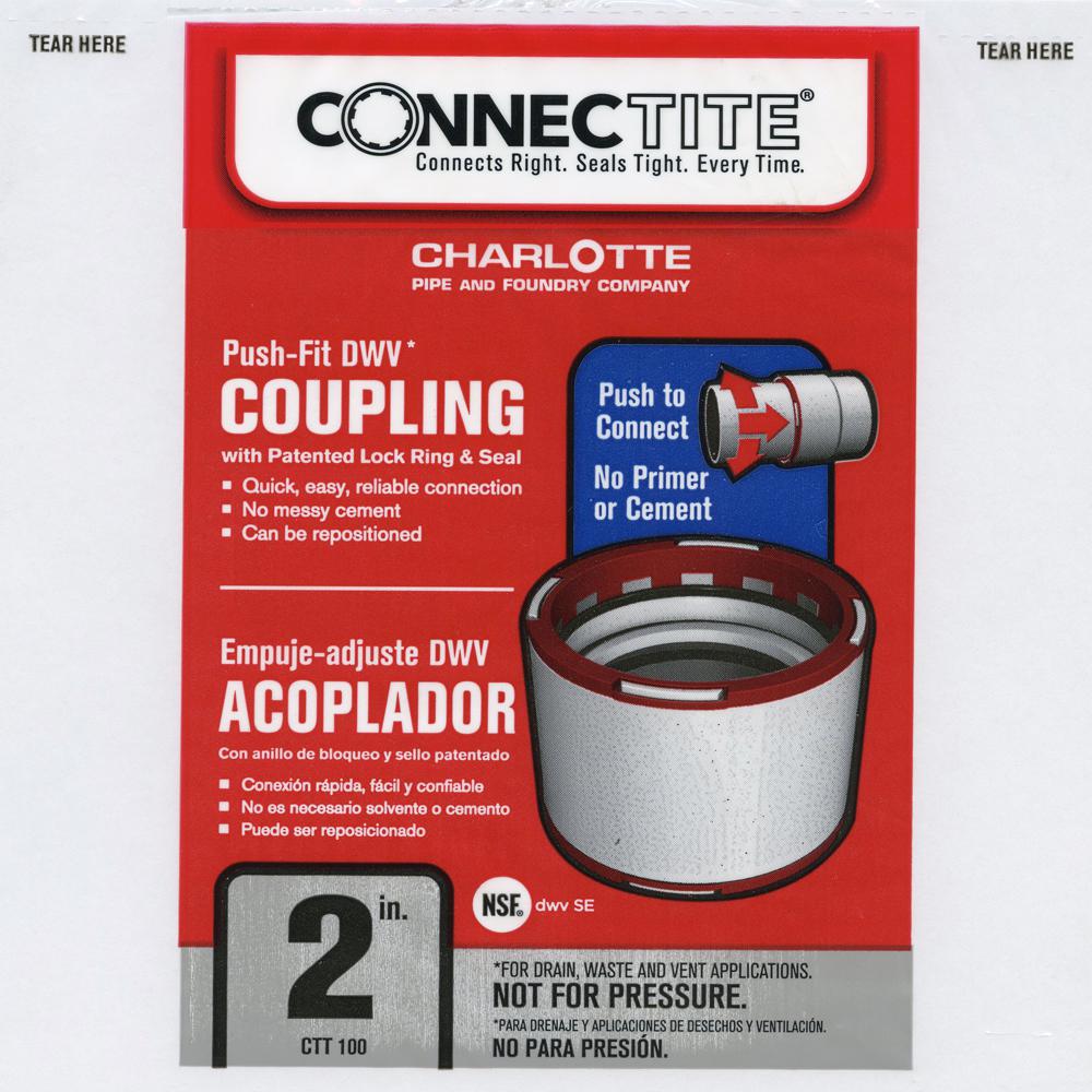 Charlotte CTT-00100-1000 ConnecTite PushFit Schedule 40 Hub PVC DWV Coupling, 2"