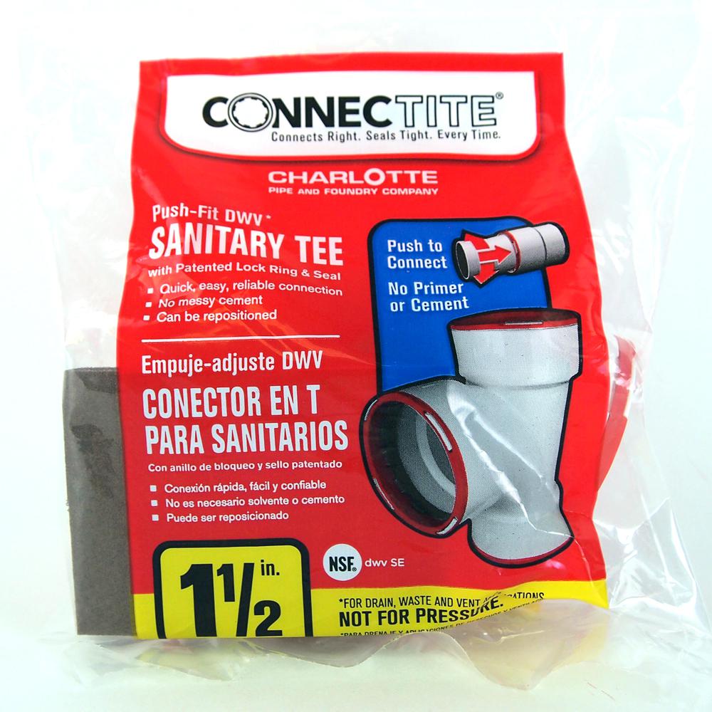 Charlotte CTT-00400-0800 ConnecTite Schedule 40 PVC DWV Sanitary Tee, 1-1/2"