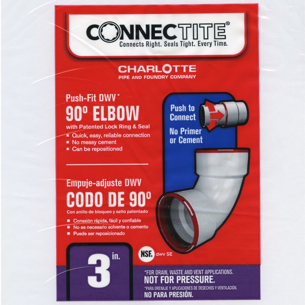 Charlotte CTT-00300-1200 ConnecTite Schedule 40 Hub PVC DWV Elbow, 90-Degree, 3"