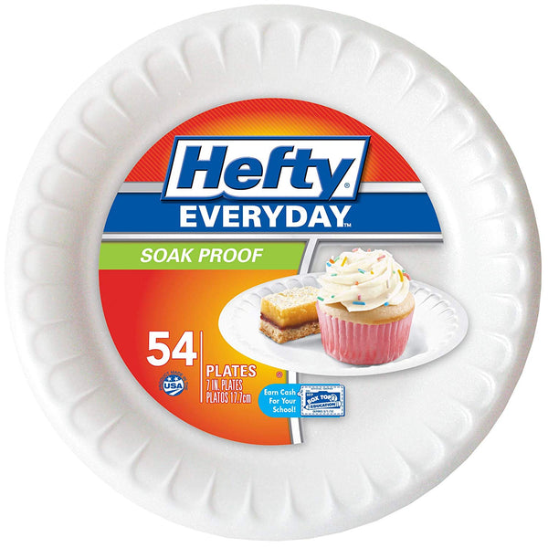 Hefty 00D20769 Everyday Disposable Soak Proof Foam Plates, 7", 54-Count