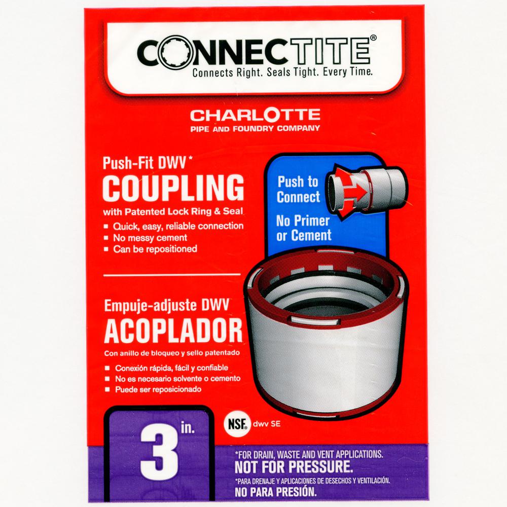 Charlotte CTT-00100-1200 ConnecTite PushFit Schedule 40 Hub PVC DWV Coupling, 3"