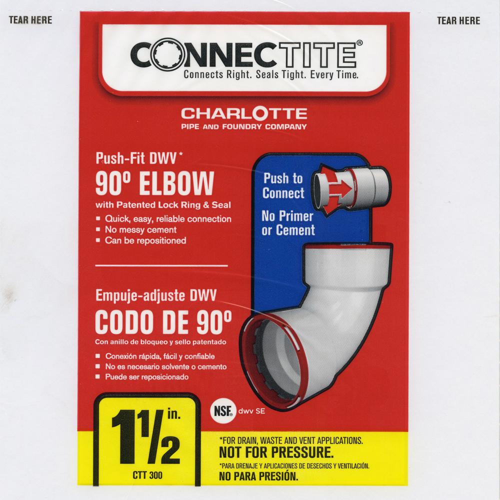 Charlotte CTT-00300-0800 ConnecTite Schedule 40 90-Deg Hub PVC DWV Elbow, 1-1/2"