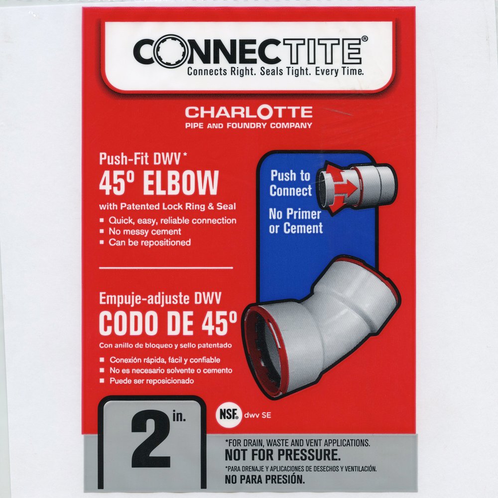 Charlotte CTT-00321-1000 ConnecTite Schedule 40 Hub PVC DWV Elbow, 45-Degree, 2"