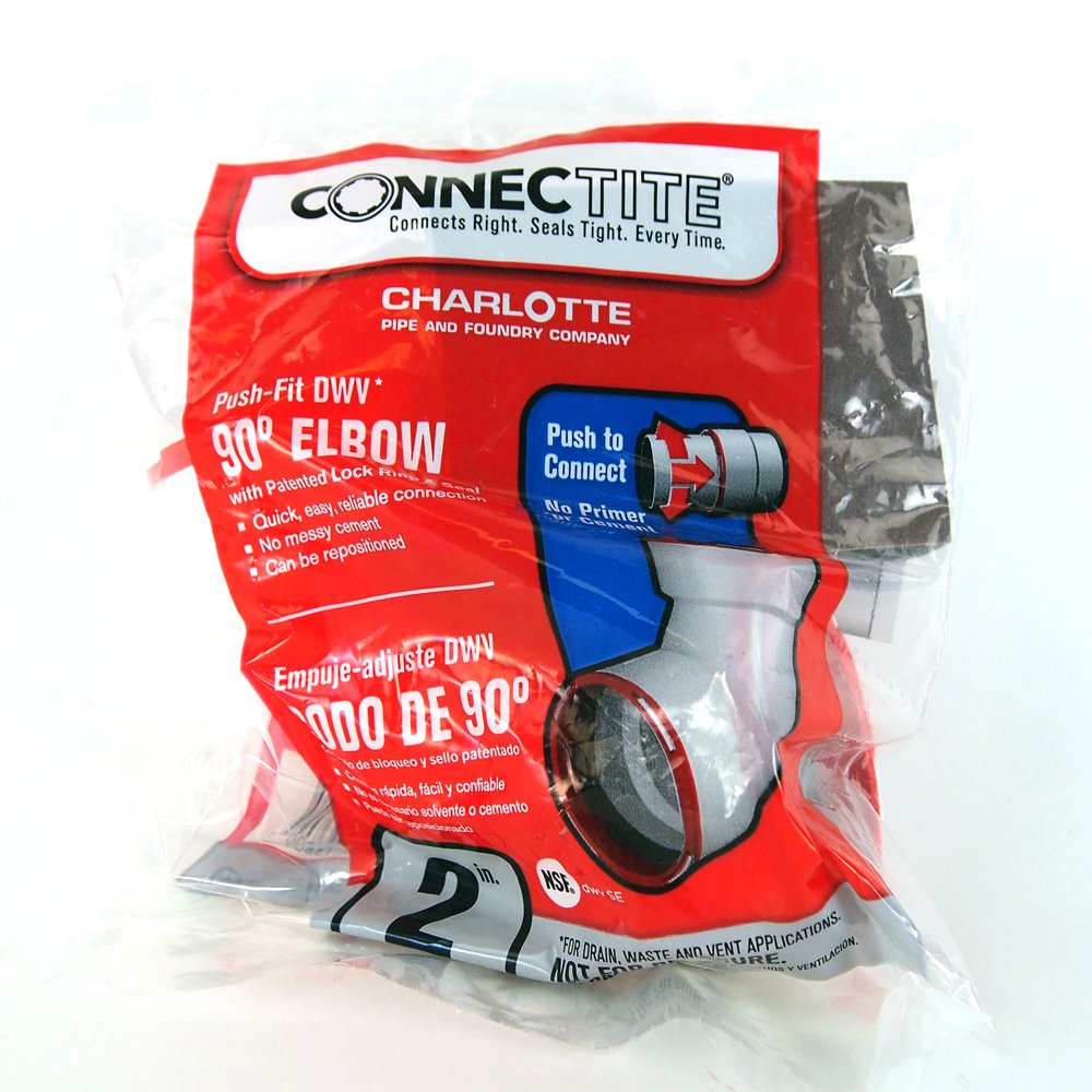 Charlotte CTT-00300-1000 ConnecTite Schedule 40 Hub PVC DWV Elbow, 90-Degree, 2"