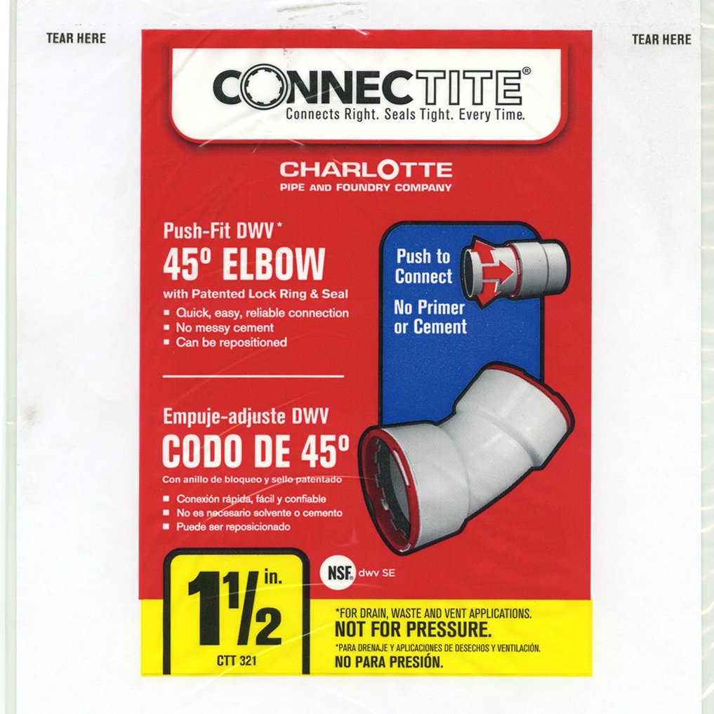 Charlotte CTT-00321-0800 ConnecTite Schedule 40 45-Deg Hub PVC DWV Elbow, 1-1/2"
