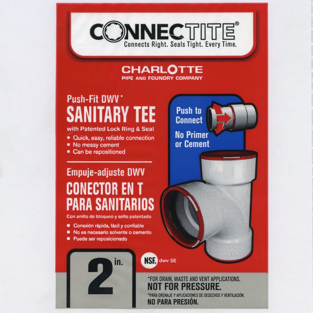 Charlotte CTT-00400-1000 ConnecTite PushFit Schedule 40 PVC DWV Sanitary Tee, 2"