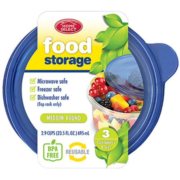 Home Select 11344-12 Medium Round Food Storage Container w/ Lids, 2.9 Cup, 3-Ct