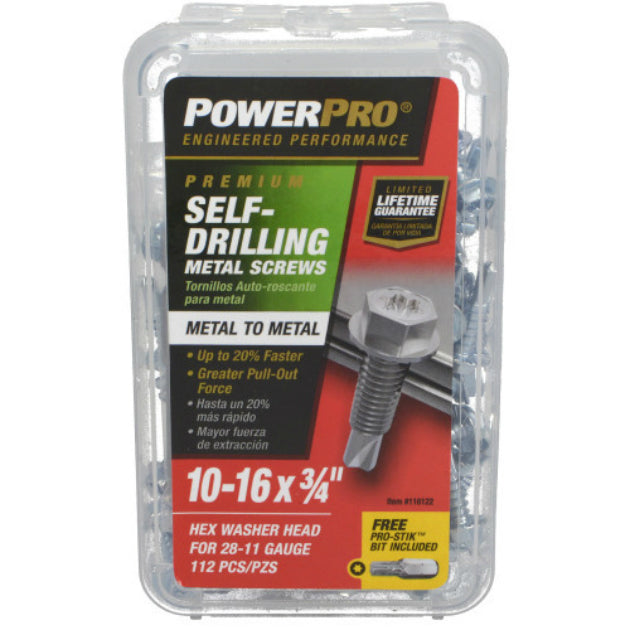 PowerPro 116123 Premium Star Drive Hex Washer Sheet Metal Screw, #10 x 1",105-Ct