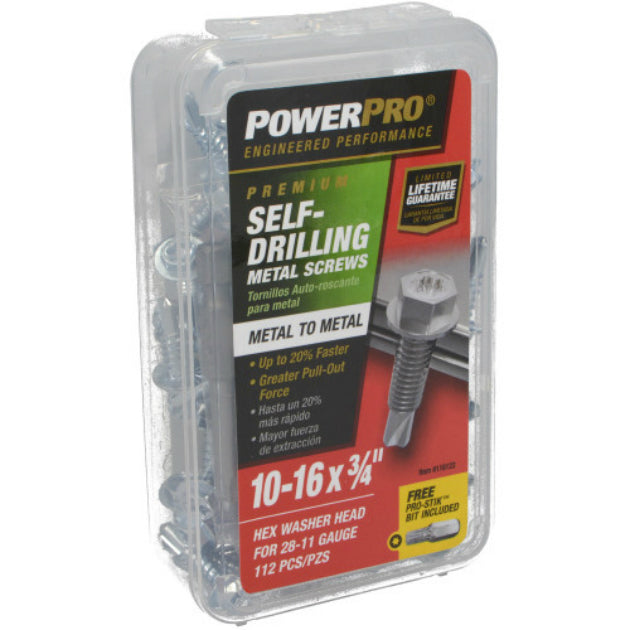 PowerPro 116122 Premium Star Drive Hex Washer Sheet Metal Screw, #10x3/4",112-Ct