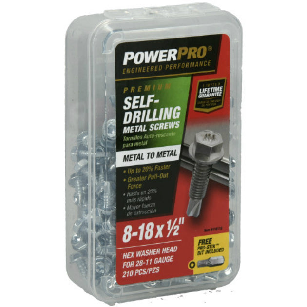 PowerPro 116119 Premium Star Drive Hex Washer Sheet Metal Screw, #8x1/2", 210-Ct