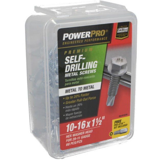 PowerPro 116124 Premium Star Drive Hex Washer Sheet Metal Screw, #10x1-1/2",68-Ct