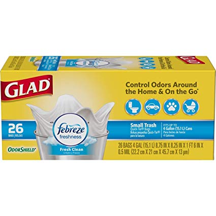 Glad 78812 Small Garbage OdorShield White Trash Bags, 4 Gallon, 26-Count