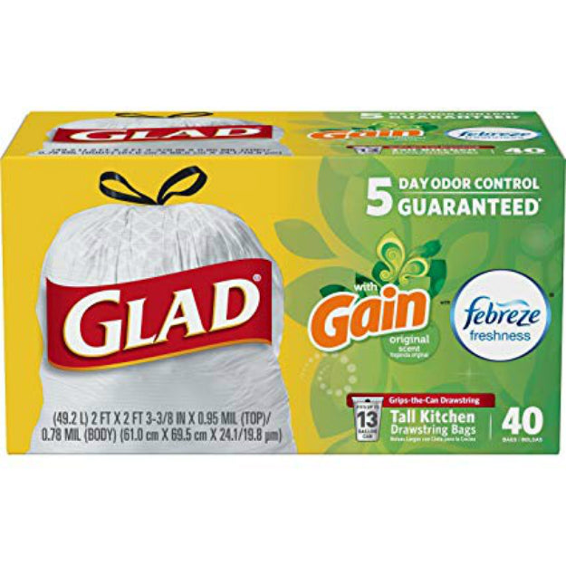 Glad Odor Shield Tall Kitchen Drawstring Bags, 13 Gallon, 40 Bags