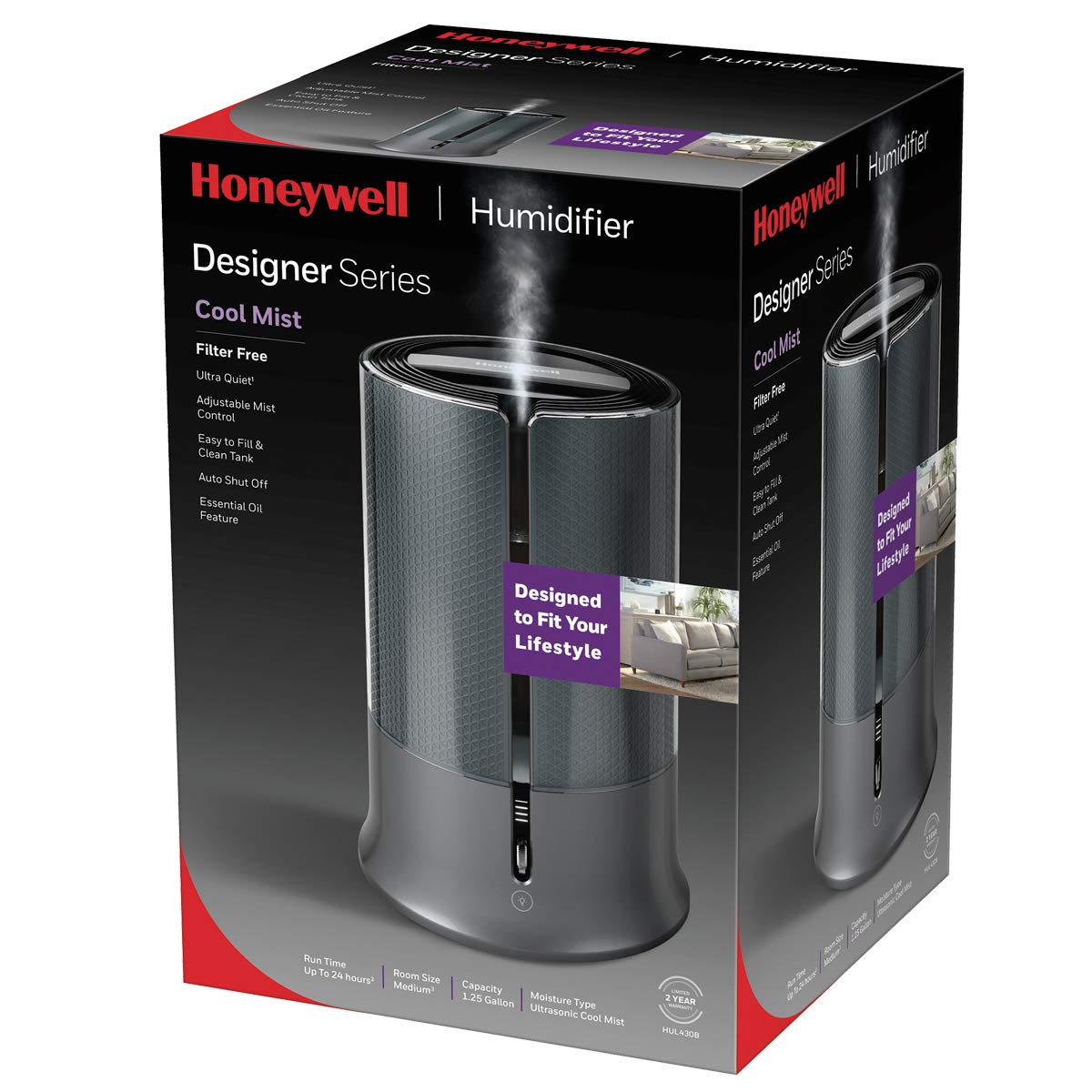 Honeywell HUL430B Designer Series Cool Mist Humidifier, Black, 1.25 Gallon Tank