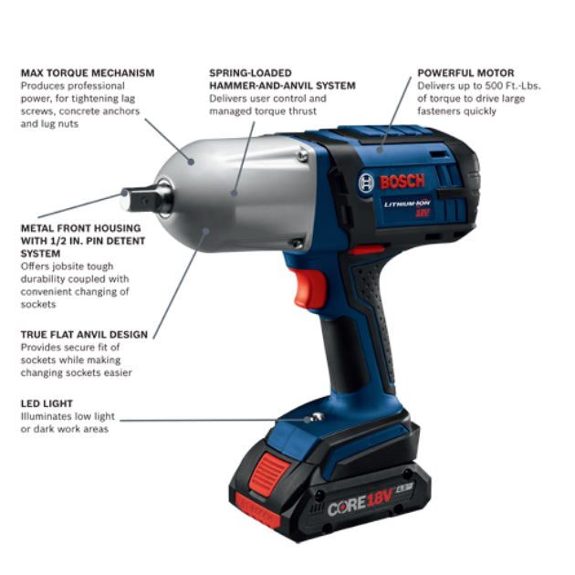 Bosch HTH181-B25 High-Torque Impact Wrench Kit with Pin Detent, 18V