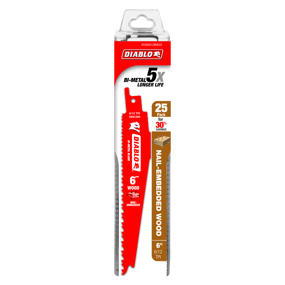 Diablo DS0612BW25 Bi‑Metal Recip Blade for Nail Embedded Wood, 6", 25-Pack