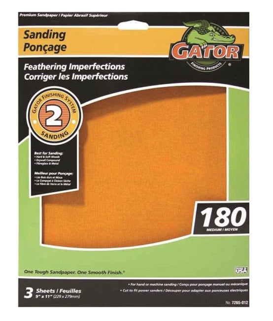 Gator 7265-012 Aluminum Oxide Sanding Sheet, 11" x 9", 180 Grit