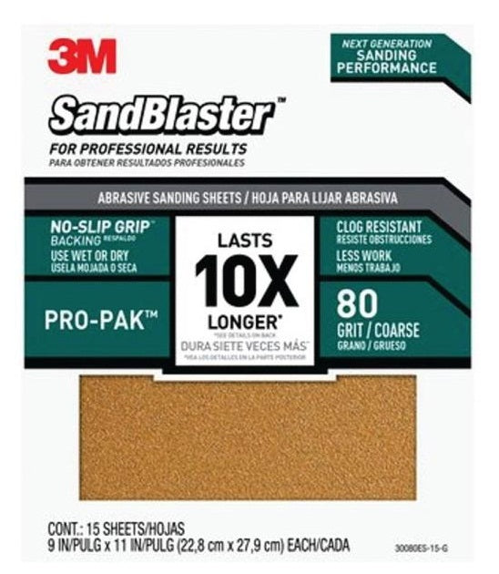 3M 30080ES-15-G SandBlaster Wet/Dry Abrasive Sand Paper, 9" x 11", 80 Grit