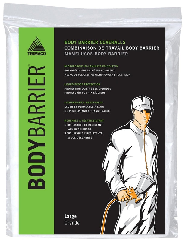 Trimaco 09953 Protective Coverall, L, Zipper Closure, Polyolefin, White