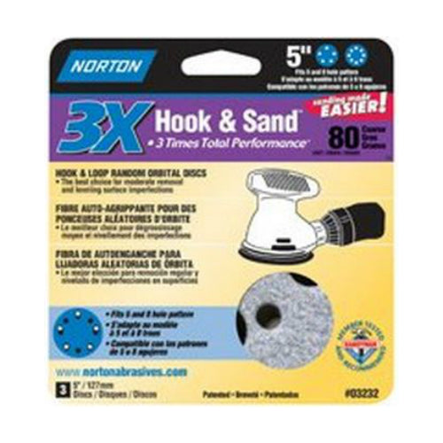 Norton 03232 3X Hook and Loop Sanding Discs, 80 Grit, 5"