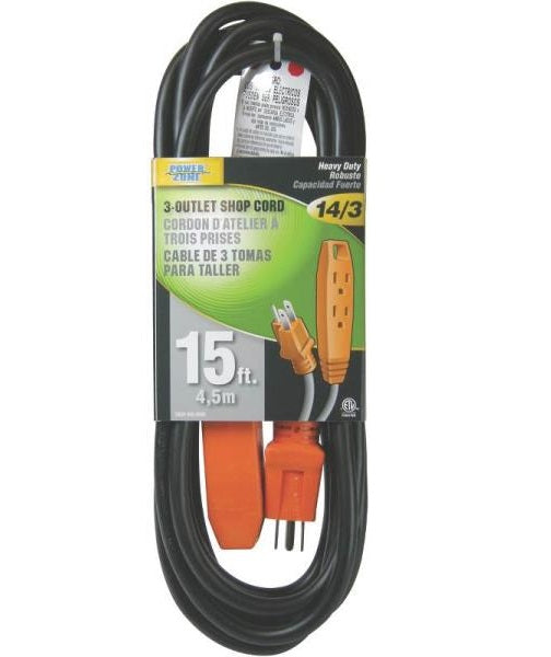 PowerZone OR890715 3 Outlet Shop Cord, Black/Orange, 15 ft