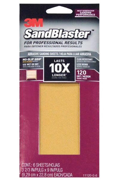 3M 11120-G-6 SandBlaster Sandpaper w/No Slip Grip Backing, 120 Grit, 9" X 3-2/3"