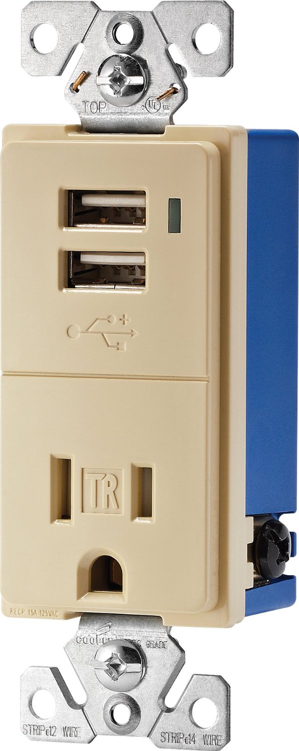 Cooper Wiring TR7740V-K Combination USB Charger with Tamper Resistant Receptacle, Ivory