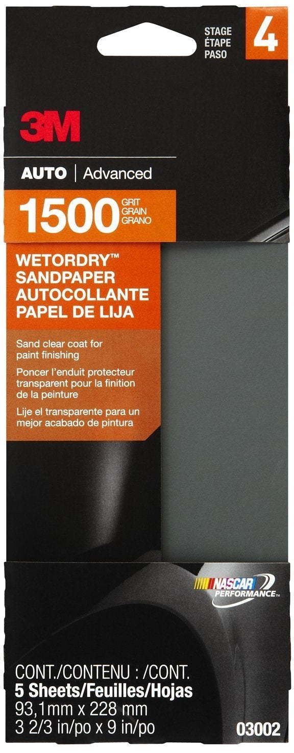 3M 03002 Wetordry Sandpaper, 3-2/3" x 9", 1500 Grit, 5-Pack