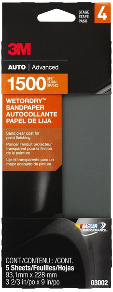 3M 03002 Wetordry Sandpaper, 3-2/3" x 9", 1500 Grit, 5-Pack