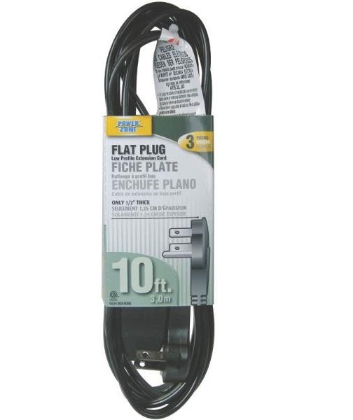 PowerZone OR932610 Flat Extension Cord, Black, 10 ft
