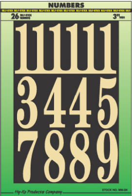 Hy-Ko MM-5N Embossed Mylar Self-Stick Numbers Set, 3", Gold On Black