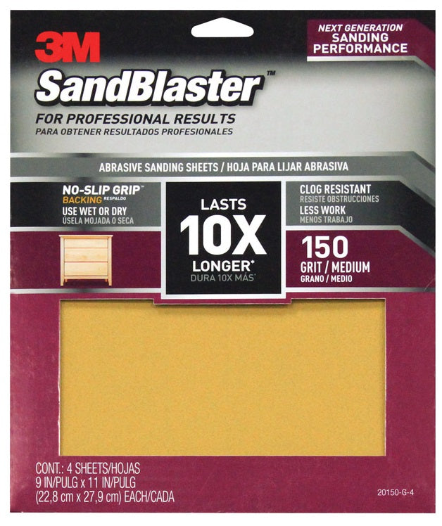 3M 20150-G-4 SandBlaster Sandpaper with No Slip Grip Backing, 150 Grit, 11" X 9"
