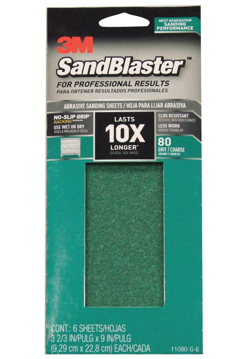 3M 11080-G-6 SandBlaster Sandpaper w/ No Slip Grip Backing, 80 Grit, 9" X 3-2/3"