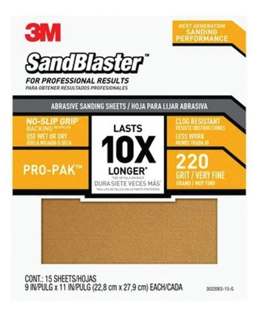 3M 30220ES-15-G SandBlaster Wet/Dry Abrasive Sand Paper, 9" x 11", 220 Grit