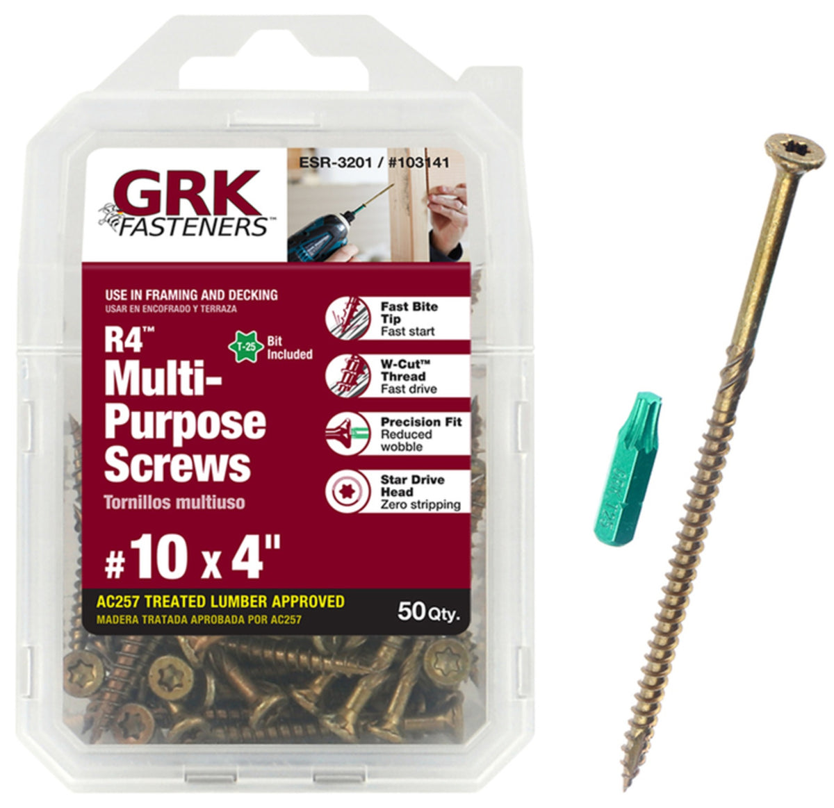 GRK Fasteners 103141 R4 Countersink Head Multi-Purpose Screws, #10 x 4"