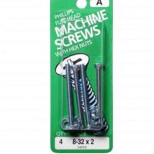 Midwest 24016 Flat Head Machine Screw with Nut 8-32x2", Zinc