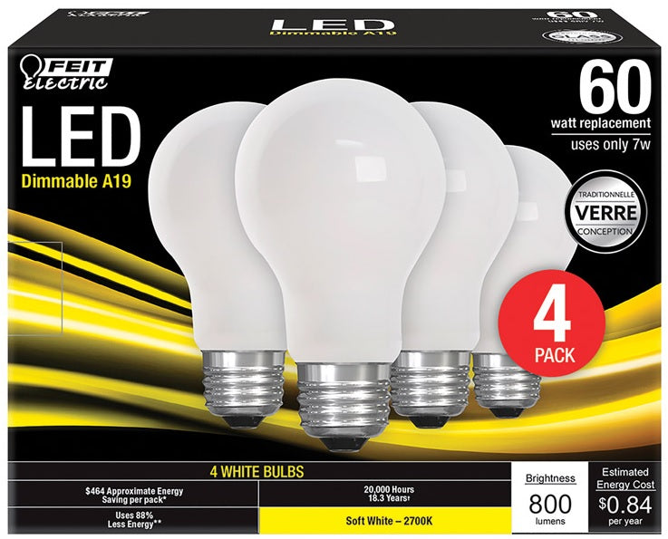 Feit Electric A1960/827/FIL/4 A19 Dimmable LED Light Bulbs, 8 Watts, 120 Volts