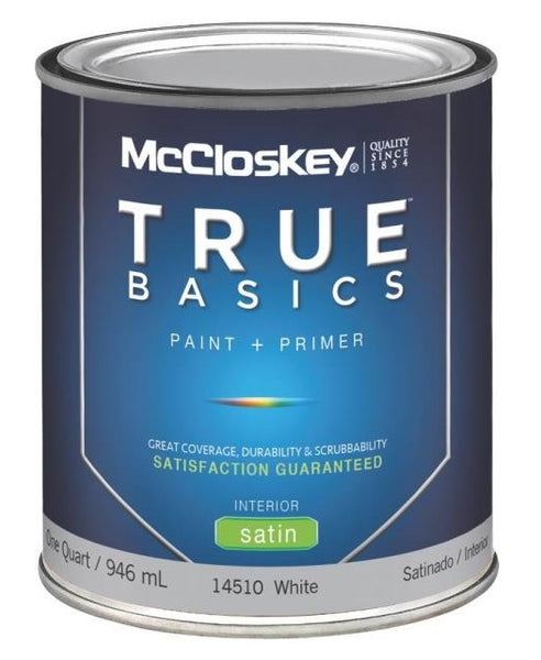 McCloskey 14510 True Basics Interior Latex Satin Paint, Quart, White