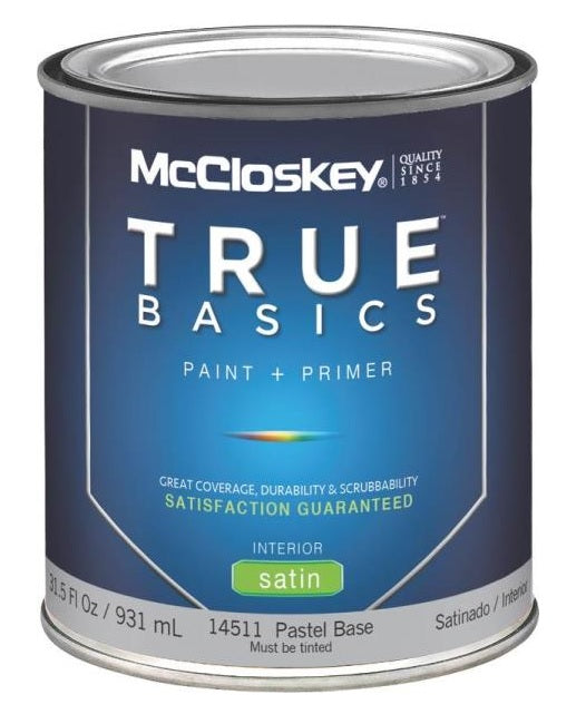 McCloskey 14511 True Basics Interior Latex Satin Paint, Quart, Pastel Base