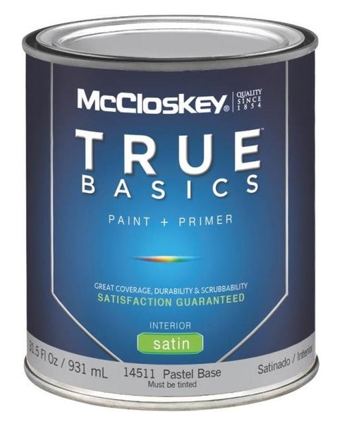 McCloskey 14511 True Basics Interior Latex Satin Paint, Quart, Pastel Base