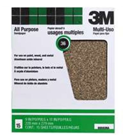 3M 88593NA-15 Aluminum Oxide Sandpaper, 36 Grit, 9" x 11", 15-Count