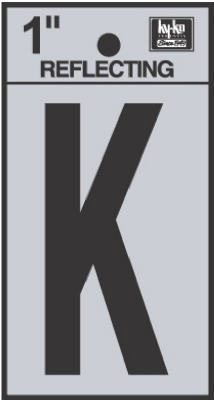 Hy-Ko RV-15/K Reflective Adhesive Vinyl Letter K Sign, 1", Black/Silver