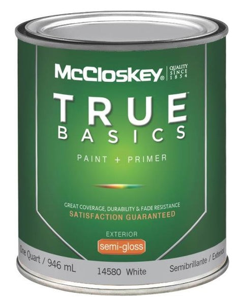 McCloskey 14580 True Basics Exterior Latex Semi-Gloss Paint, Quart, White