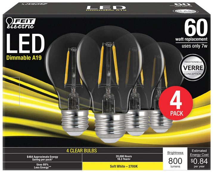 Feit Electric A1960/850/FIL/4 A19 Dimmable LED Light Bulbs, 9 Watts, 120 Volts
