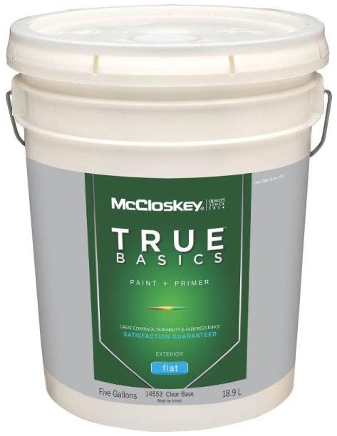 McCloskey 14553 True Basics Exterior Latex Flat Paint, 5 Gallon, Clear Base