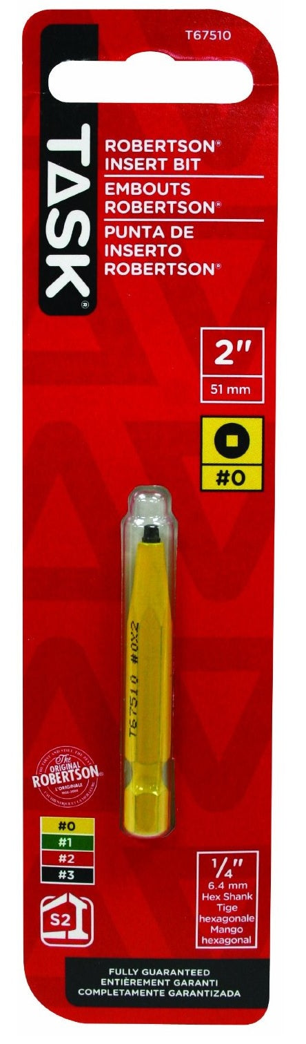 Task Tools T67510 Robertson Screwdriver Power Insert Bit, 2", Yellow