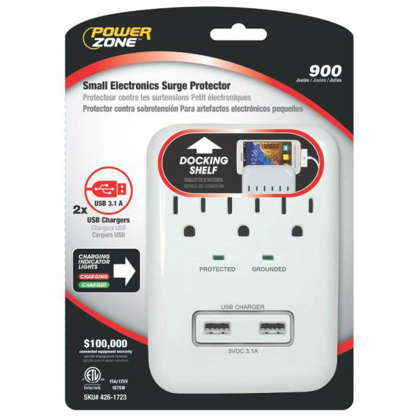 Power Zone OR802112 3 Outlet Small Electronics Surge Protector