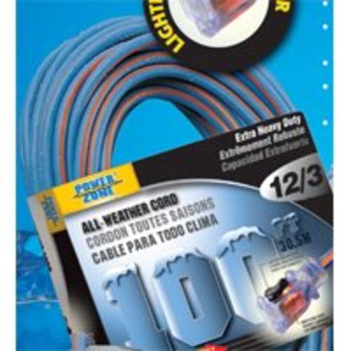 Power Zone ORC630830 Triple Tap 50' 12/3 Glacier, 15 Amp, 125 Volt
