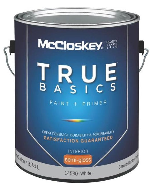 McCloskey 14530 True Basics Interior Latex Semi-Gloss Paint, Gallon, White